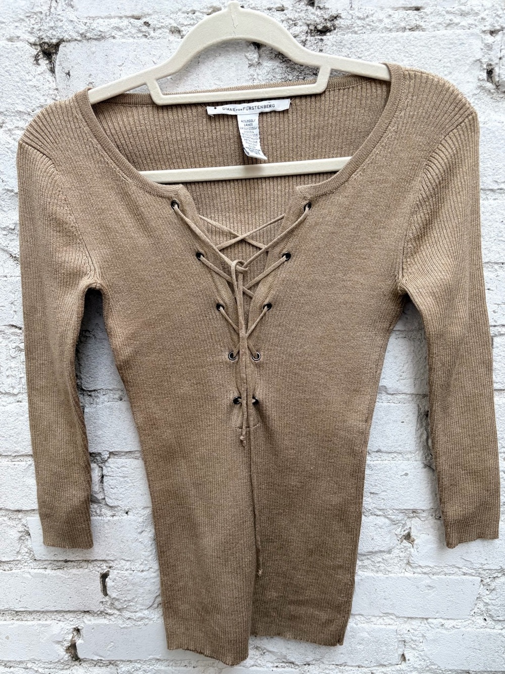 Diane Von Furstenberg Knit French Lace-Up Ribbed Knit Top in Beige/Sand
